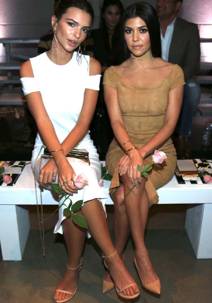 Emily Ratajkowski and Kourtney Kardashian wear neutral Alice + Olivia looks with nude heels