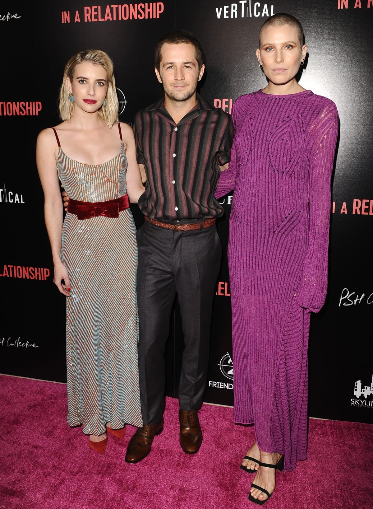 Emma Roberts in a custom sequin Markarian dress with Michael Angarano and Dree Hemingway at the "In a Relationship" Premiere