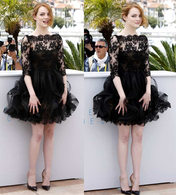 Emma Stone dazzles in a black lace dress with a voluminous tulle skirt, blending romantic charm with a touch of drama at the Cannes Film Festival