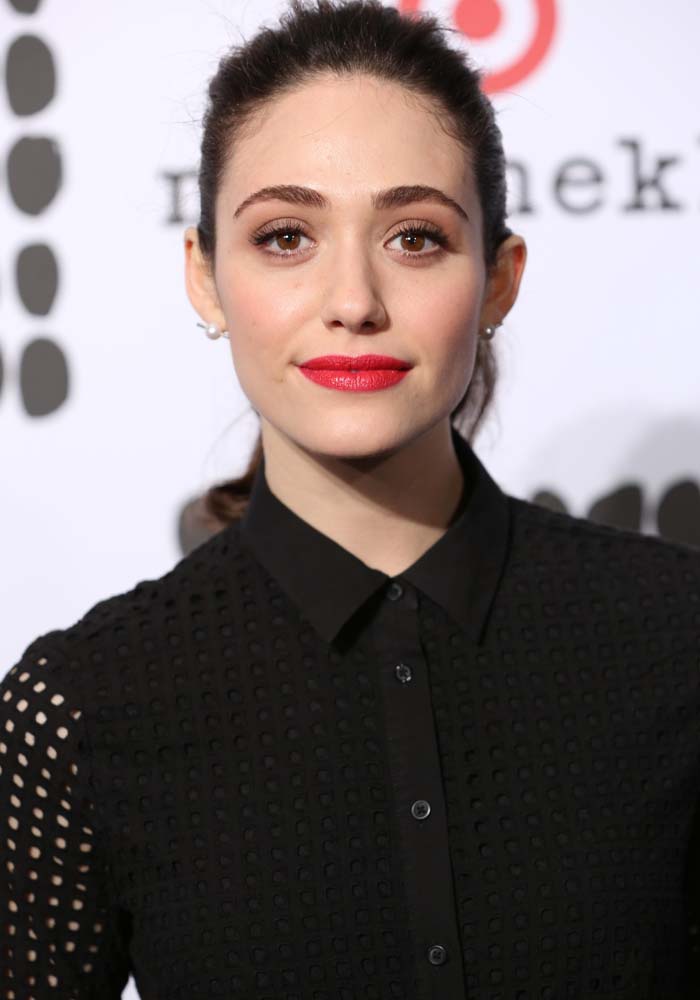 Emmy Rossum wears her hair back at the launch of the Marimekko For Target line