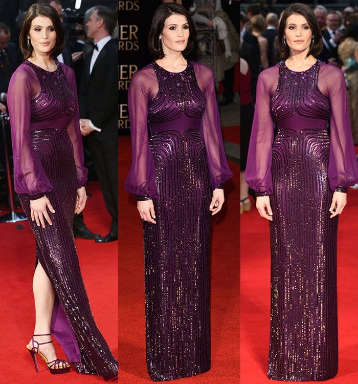 Gemma Arterton shows off her legs in a purple Jenny Packham dress