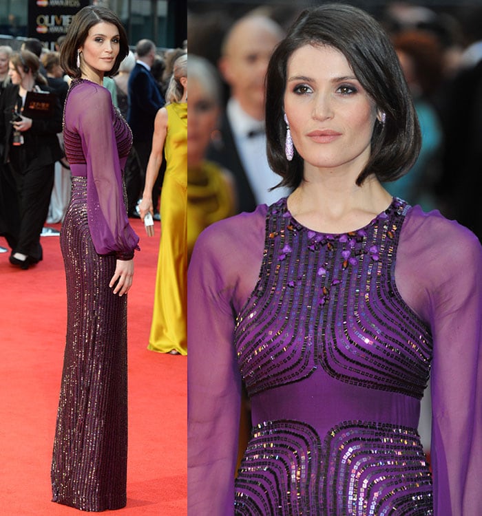 Gemma Arterton's purple Jenny Packham dress features sequin and bead embellishments