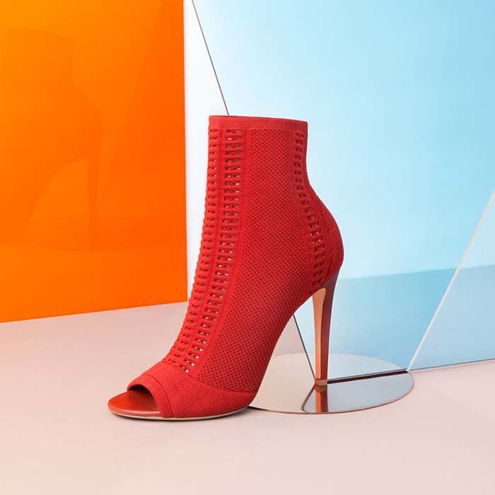 These red Gianvito Rossi 'Vires' open-toed boots are made in Italy from a perforated stretch knit material and feature a 105mm stiletto heel