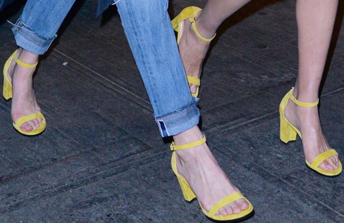 Gigi Hadid and Olivia Culpo show off their feet in matching yellow Stuart Weitzman x Pencils of Promise sandals