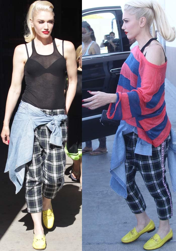 Gwen Stefani wears plaid-patterned R13 pants on a casual family outing
