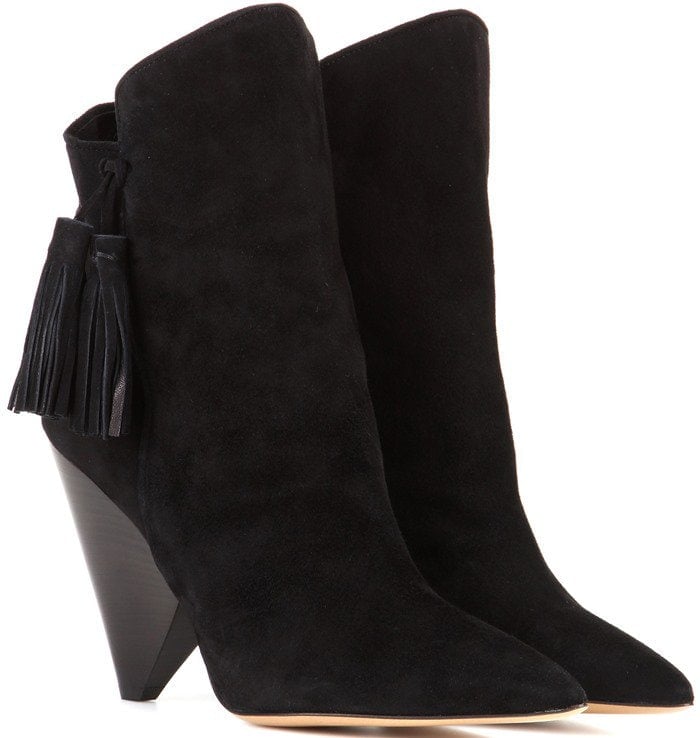 Black Isabel Marant Leyton suede tassel boots featuring 4" stacked heel with a notched center