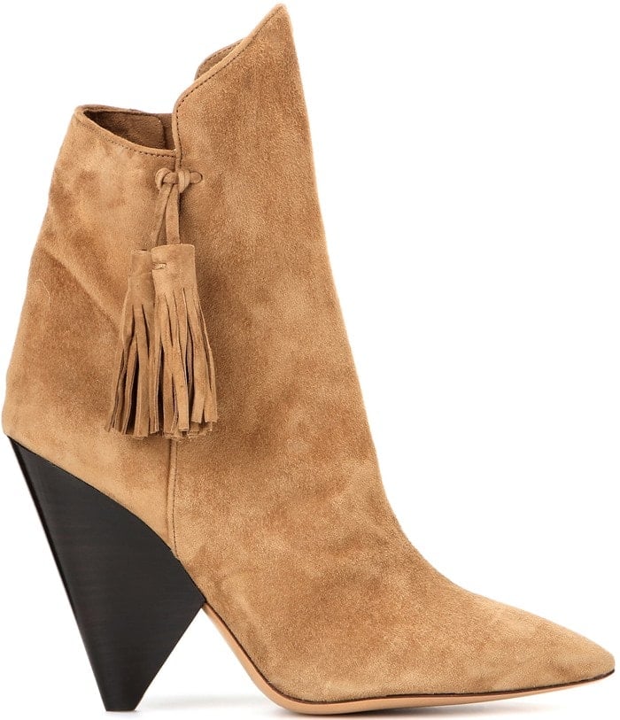 Tan suede Isabel Marant Leyton ankle boots with pointed-toes, conical stacked heels, tassel accents, and zip closures at inner sides