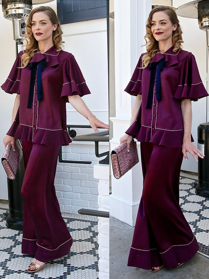 Jaime King wears a pajama-like set from Roksanda Ilinčić while out to lunch