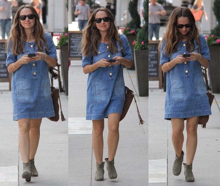 Jennifer Meyer goes out in Beverly Hills wearing a denim dress and grey boots