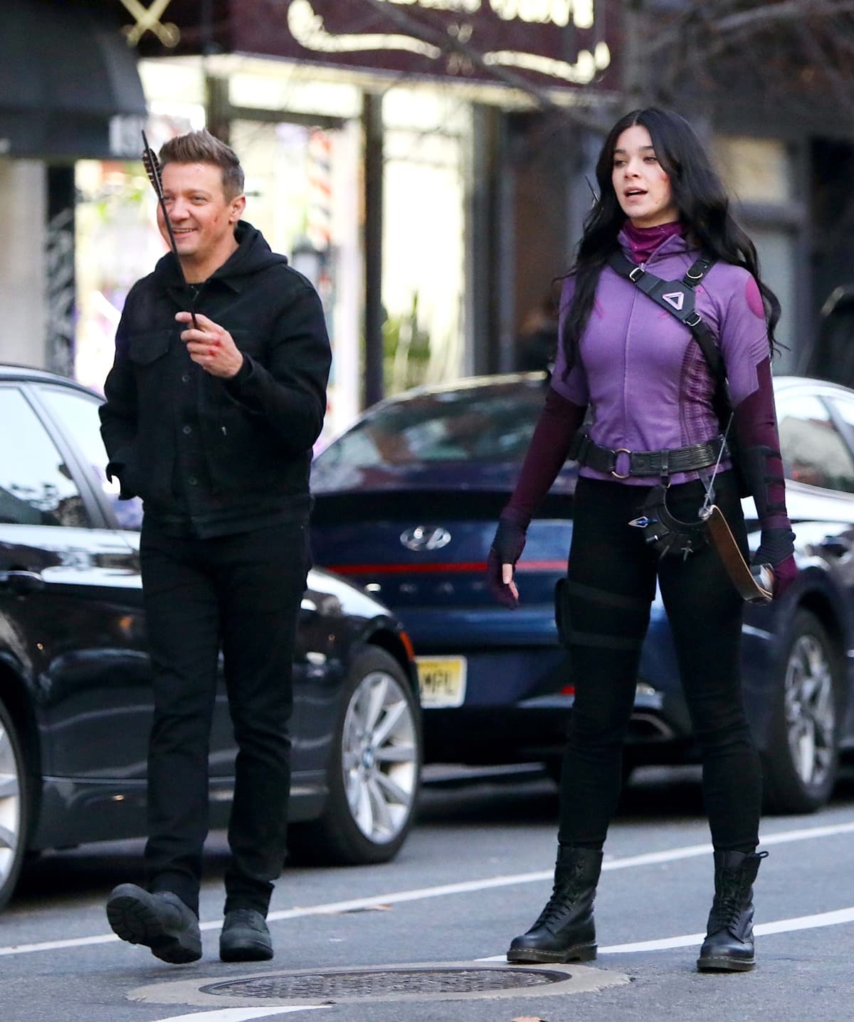 Jeremy Renner and Hailee Steinfeld are seen filming a scene for 'Hawkeye'