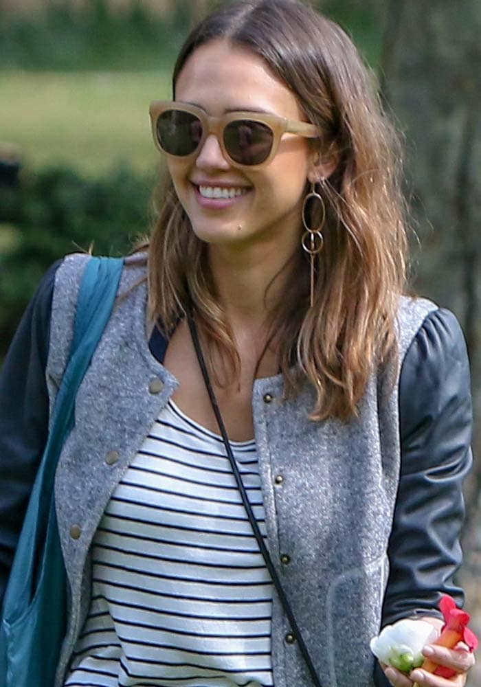 Jessica Alba wears her hair down as she heads to a park in Beverly Hills on April 3, 2016