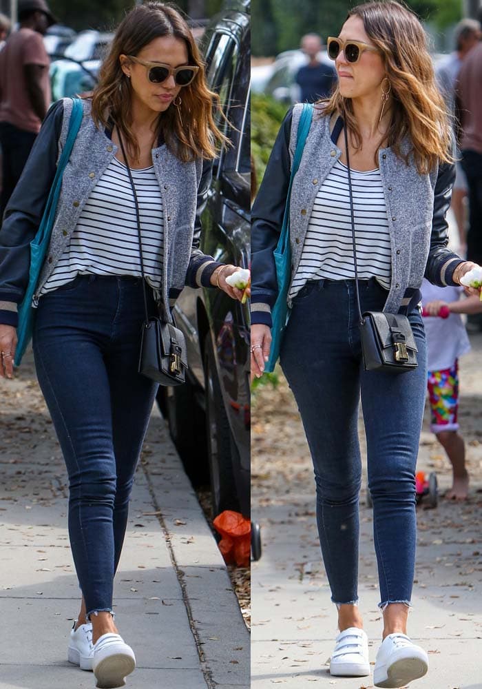 Jessica Alba wears a Rachel Zoe jacket on a park outing