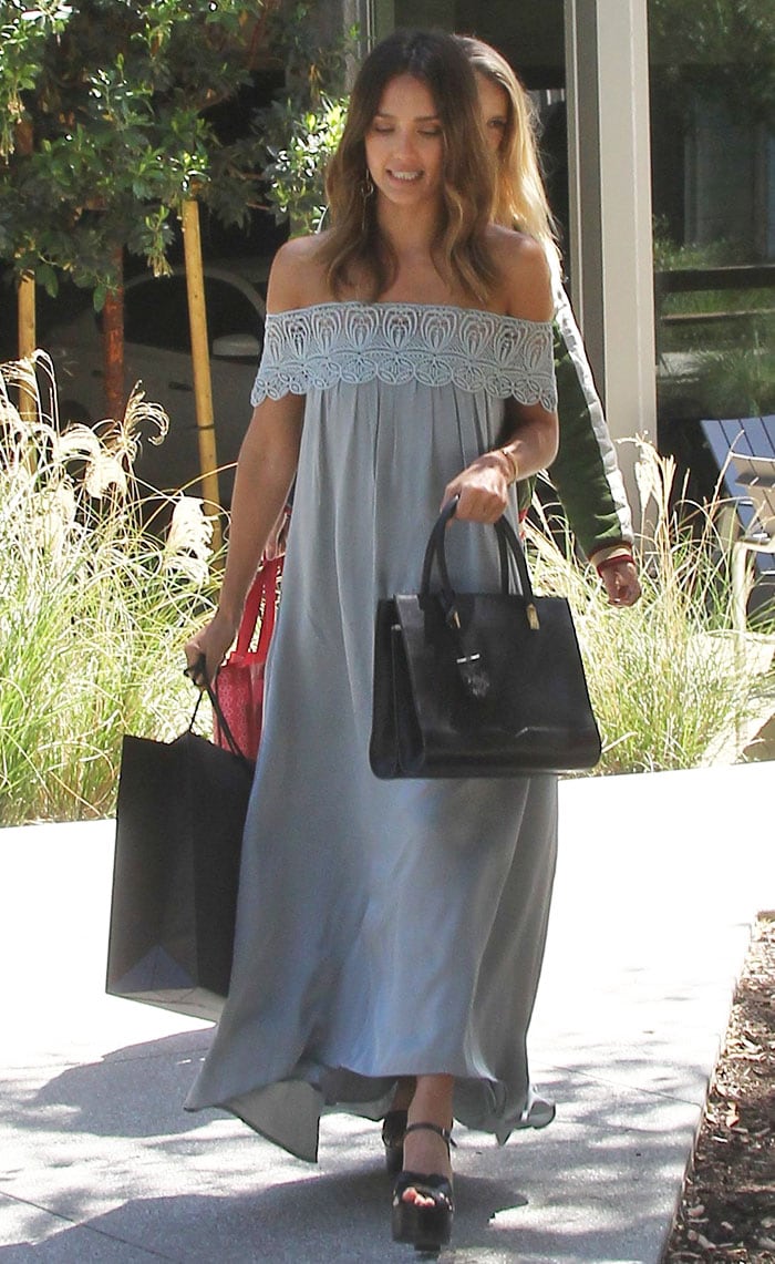 Jessica-Alba-Self-Portrait-off-the-shoulder-maxi-dress