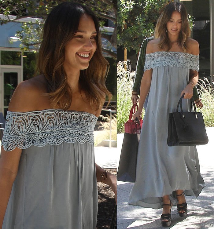 Jessica-Alba-lace-trimmed-off-the-shoulder-dress