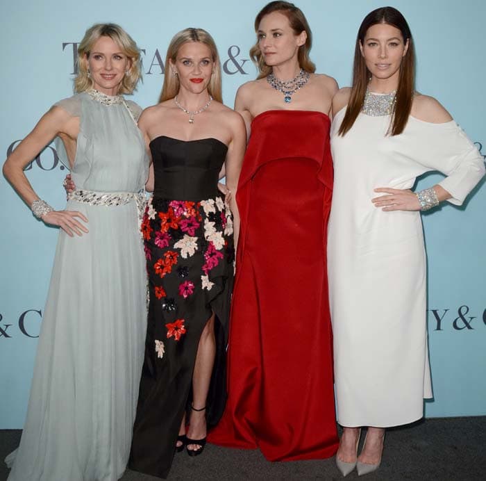 Jessica Biel poses with Reese Witherspoon, Diane Kruger, and Naomi Watts with their Tiffany & Co. diamonds