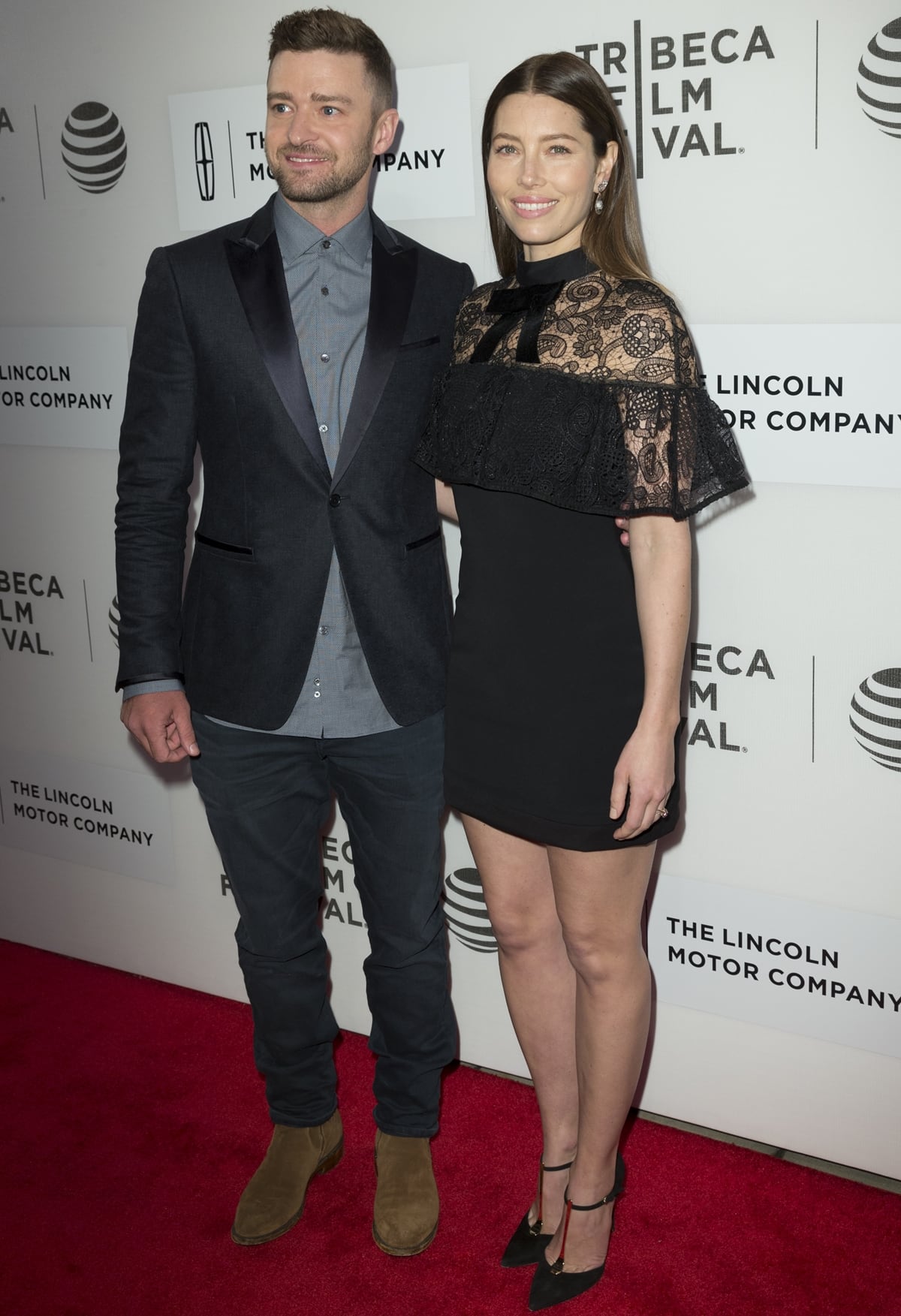 Jessica Biel in a Self Portrait Pre-Fall 2016 mini lace dress with her husband Justin Timberlake at the 2016 Tribeca Film Festival after-party for "The Devil And The Deep Blue Sea"