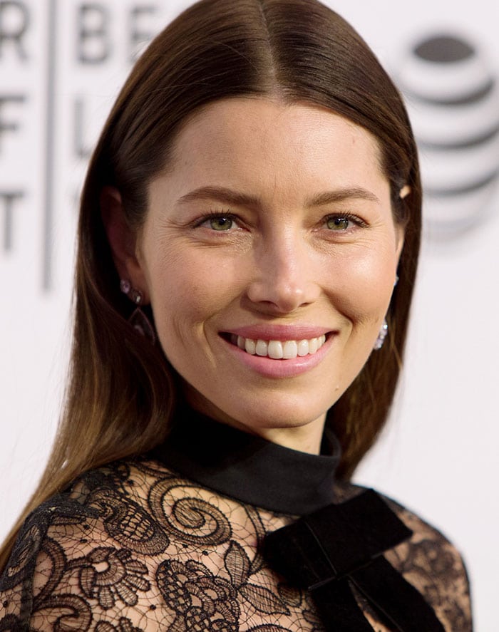 Jessica Biel center parts her hair at the 2016 Tribeca Film Festival's premiere of "The Devil and the Deep Blue Sea"