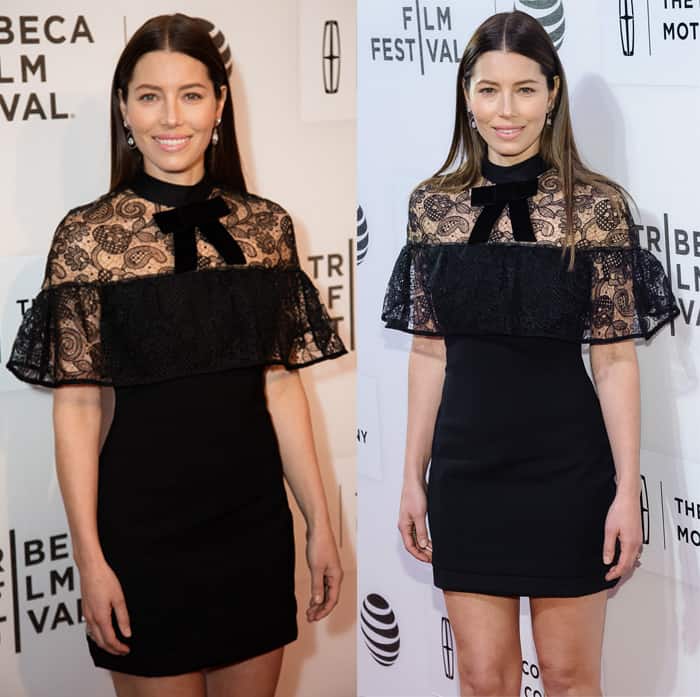 Jessica Biel sported a three-quarter sleeve black lace dress from Self-Portrait's Pre-Fall 2016 collection, featuring a captivating cape-like design