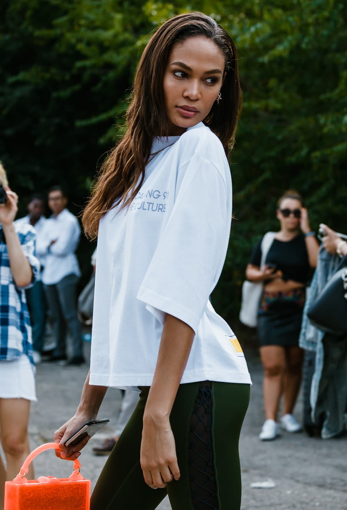 Joan Smalls arrives at the Roberto Cavalli show during Milan Fashion Week