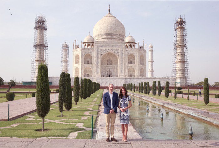 Kate Middleton wears an embroidered dress in front of India's Taj Mahal