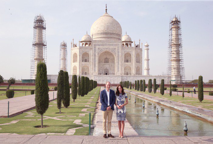 Kate Middleton wears an embroidered dress in front of India's Taj Mahal