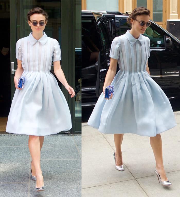 Keira Knightley exudes effortless elegance in a pale blue tea-length dress with a classic collar, perfectly complemented by metallic heels and a chic clutch while out in New York City