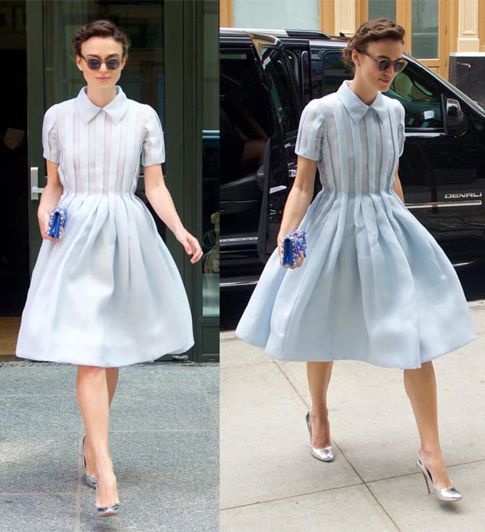 Keira Knightley flaunts her legs in a feminine dress in New York City