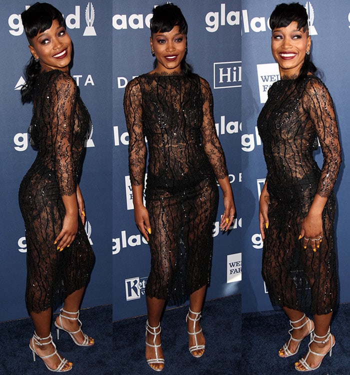 Keke Palmer revealed her underwear in a black lace Thai Nguyen dress