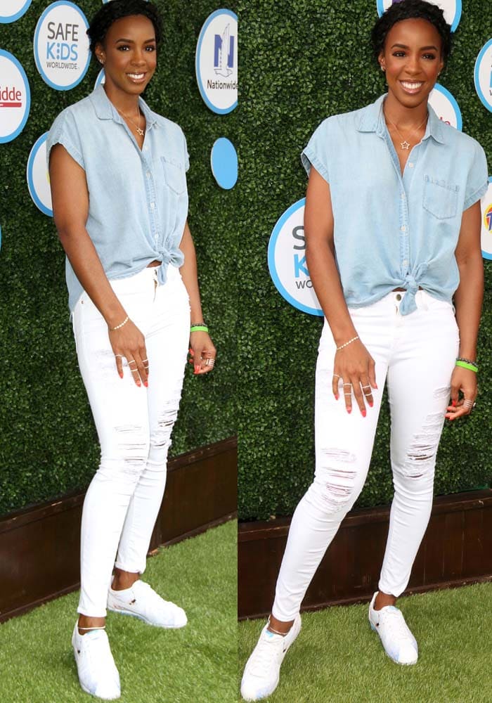 Kelly Rowland in tie-front chambray top and distressed white jeans from Frame Denim