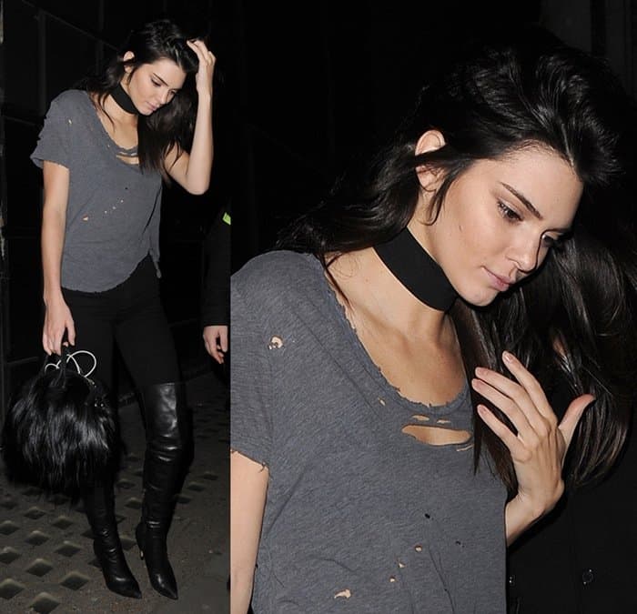 Kendall Jenner effortlessly pairs a distressed tee with a chic black choker and thigh-high boots for an edgy, casual look