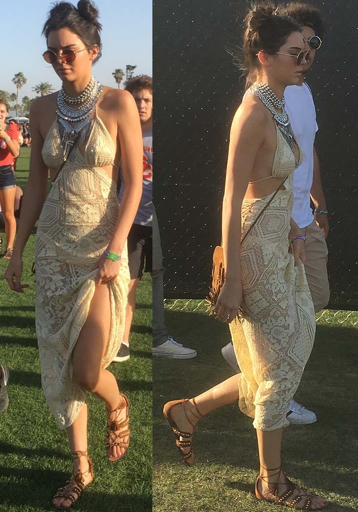 Kendall wears a crocheted Vintage dress to the first day of Coachella