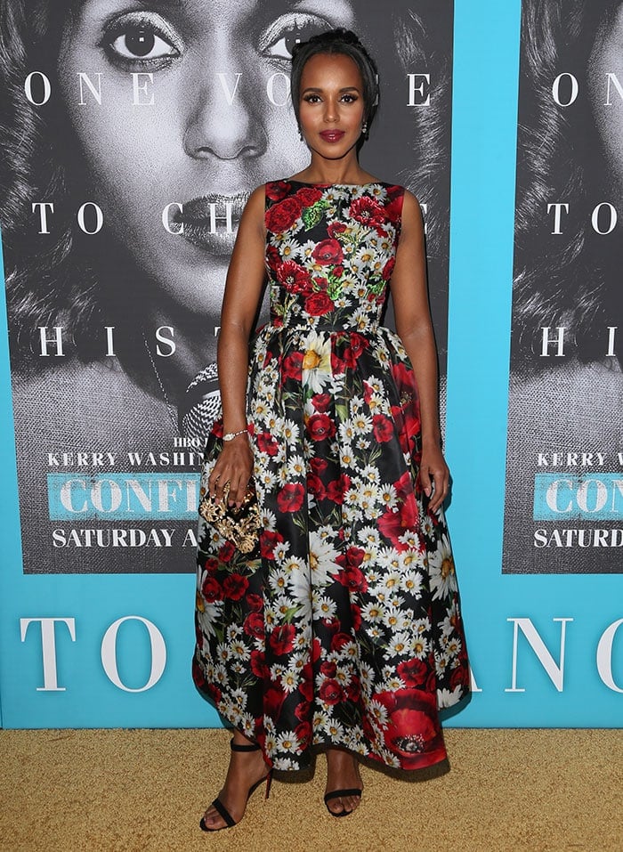 Kerry Washington wears a floral print Dolce & Gabbana dress to the premiere of "Confirmation"