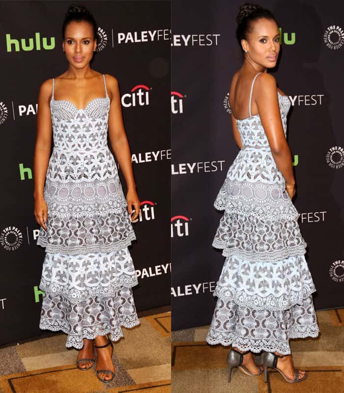 Kerry Washington stuns in a delicate tiered lace dress, perfectly accentuated by strappy heels, showcasing her effortlessly feminine style at PaleyFest