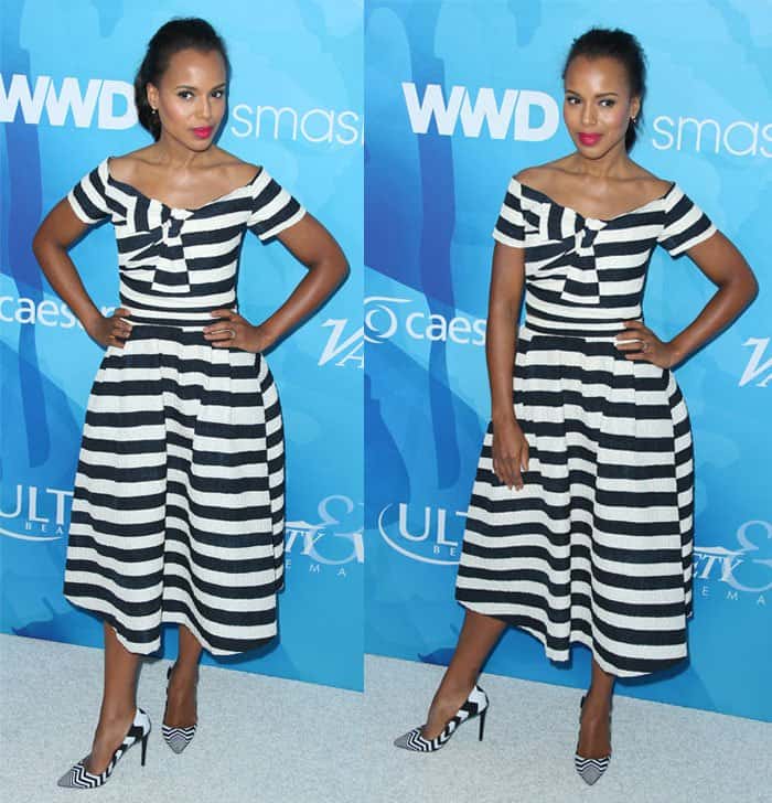 Kerry Washington makes a bold statement in a black-and-white striped off-the-shoulder dress, paired perfectly with matching patterned heels, at the WWD and Variety Stylemakers event