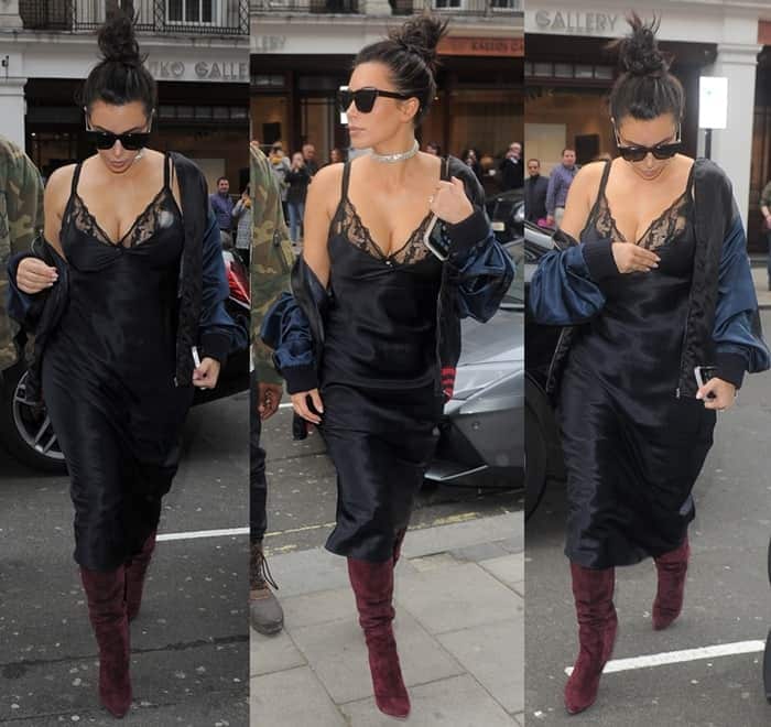 Kim Kardashian wears a sexy black slip dress in London