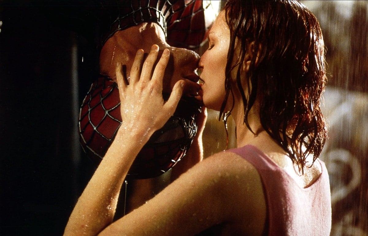 Kirsten Dunst's iconic upside-down kiss with Tobey Maguire in the 2002 American superhero film Spider-Man