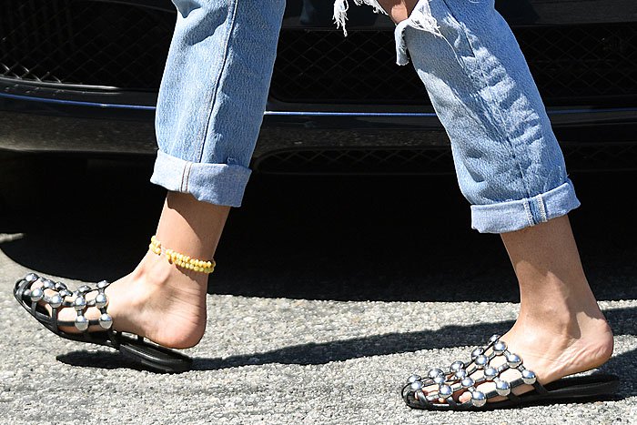 Lily Aldridge's feet in Alexander Wang slides