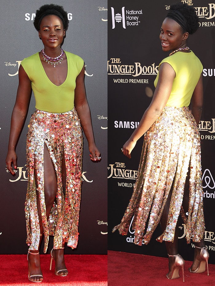 Lupita Nyong'o modeling her gladiator-style J.Crew sequin maxi skirt inspired by car wash flaps