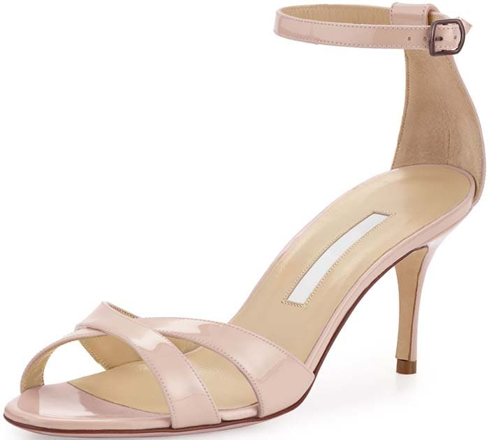 Manolo Blahnik Callre Crisscross Patent 70mm Sandal in Nude