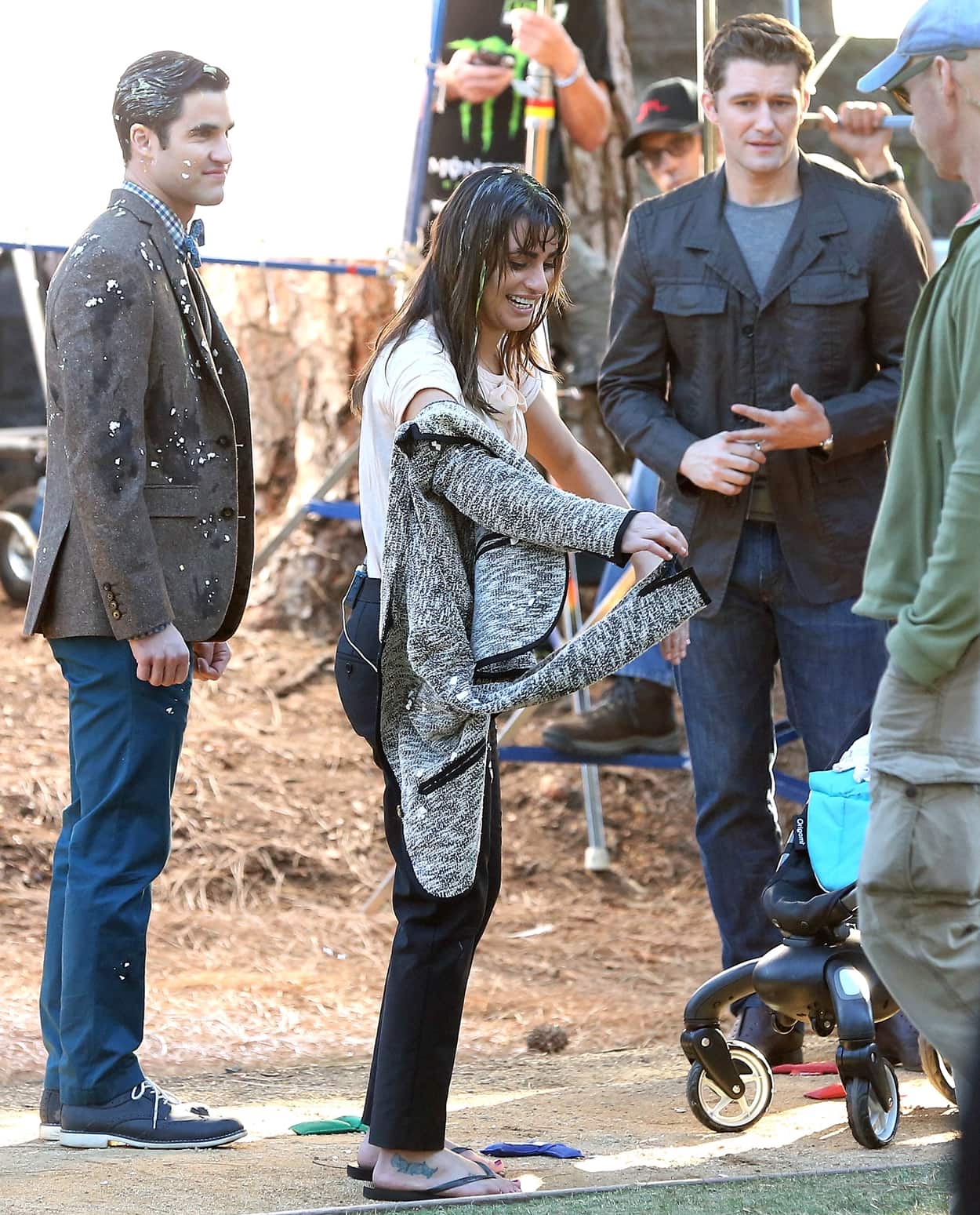 Matthew Morrison, Lea Michele, and Darren Criss on the set of Glee