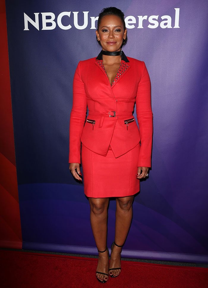 Mel B wears a studded red power suit at the 2016 NBCUniversal Summer Press Day