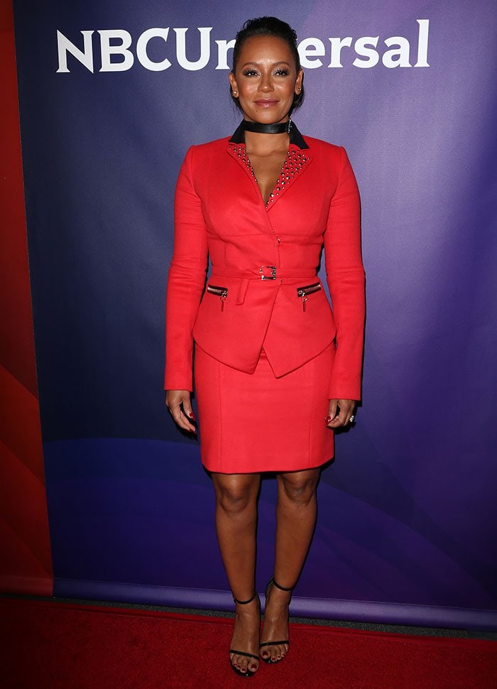 Mel B wears a studded red power suit at the 2016 NBCUniversal Summer Press Day