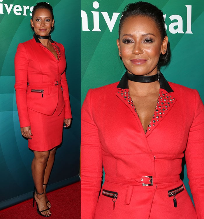 Mel B rocks red, studs and black leather accents on the red carpet