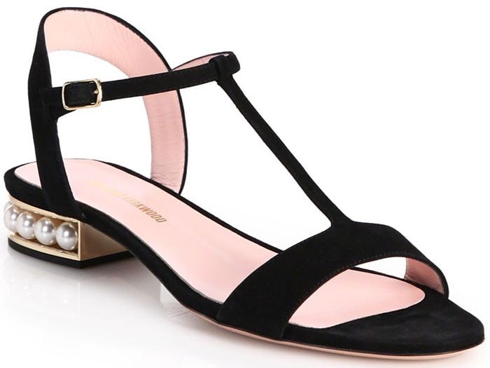 Nicholas Kirkwood 'Casati' Pearl-Embellished Flat Sandals in Black Suede