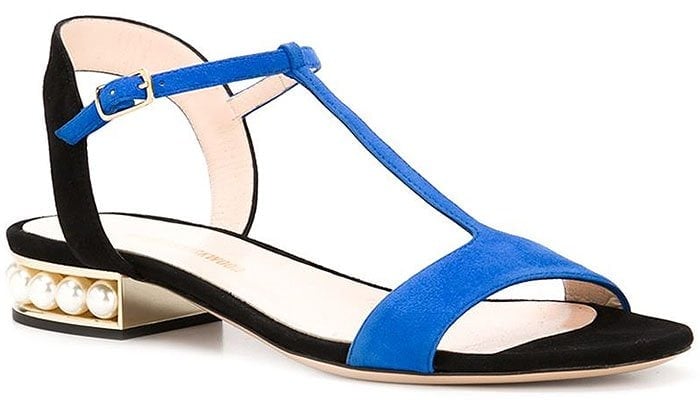 Nicholas Kirkwood 'Casati' Pearl-Embellished Flat Sandals in Black-and-Blue Suede