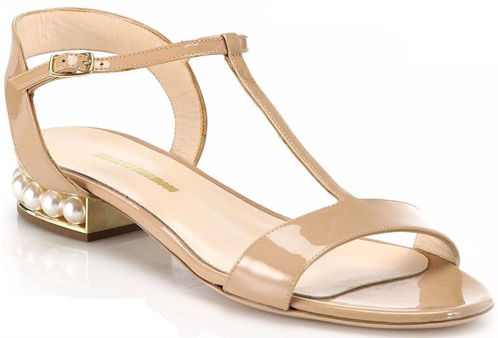 Nicholas Kirkwood 'Casati' Pearl-Embellished Flat Sandals in Nude Patent