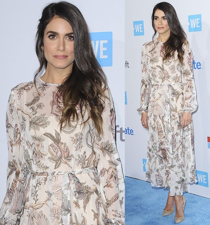 Nikki Reed wears a printed chiffon Zimmermann dress