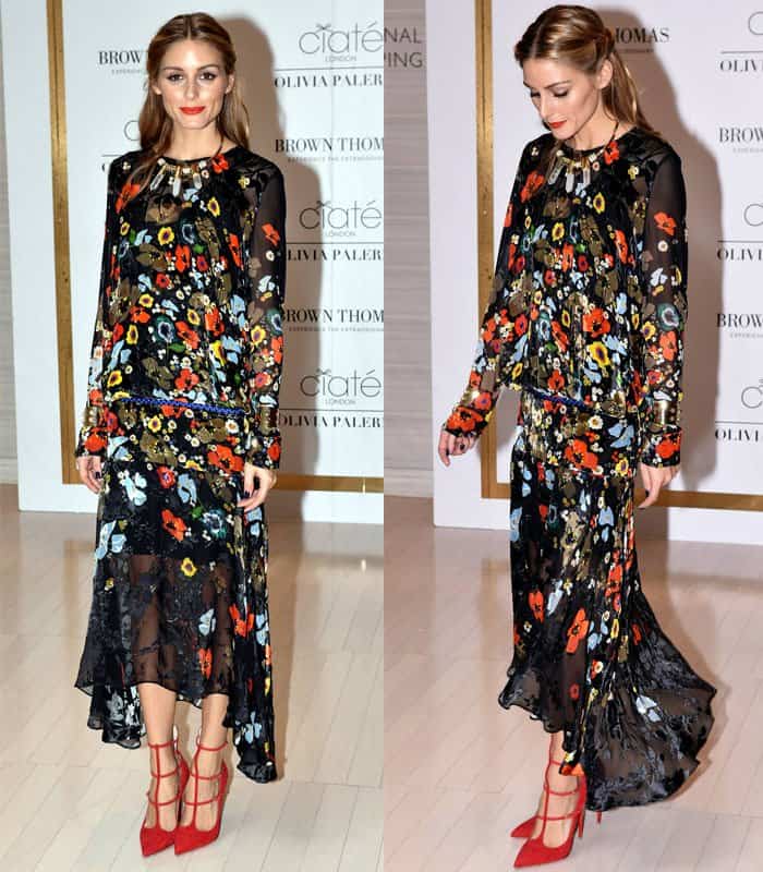 Olivia Palermo embraces feminine elegance in a flowy floral ensemble, adding a bold touch with red heels, as she attends the Ciaté London event at Brown Thomas in Dublin, showcasing her knack for mixing patterns and textures with effortless sophistication