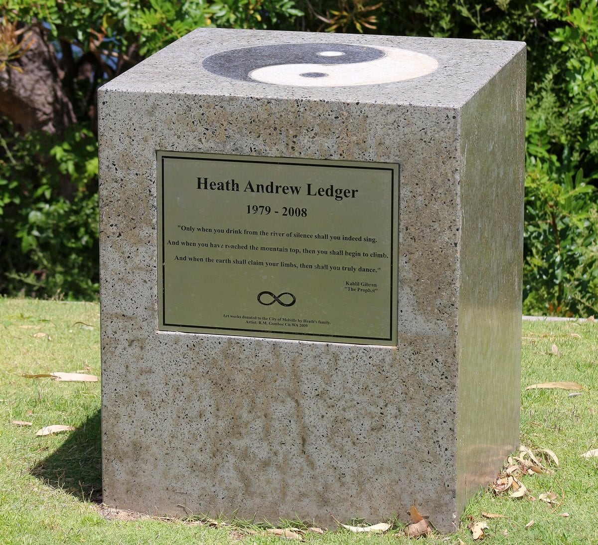 Concrete block dedicated to Perth resident Heath Ledger in a park located on Perth's Swan River