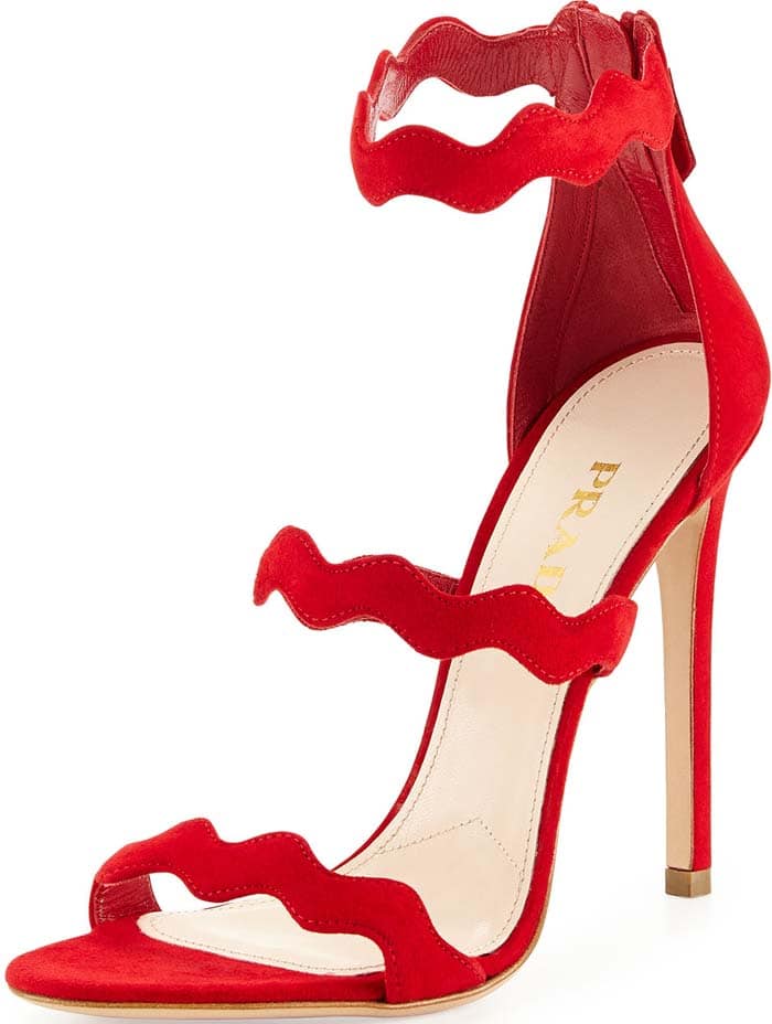 Prada Suede Triple-Strap Wavy Sandal in Rosso
